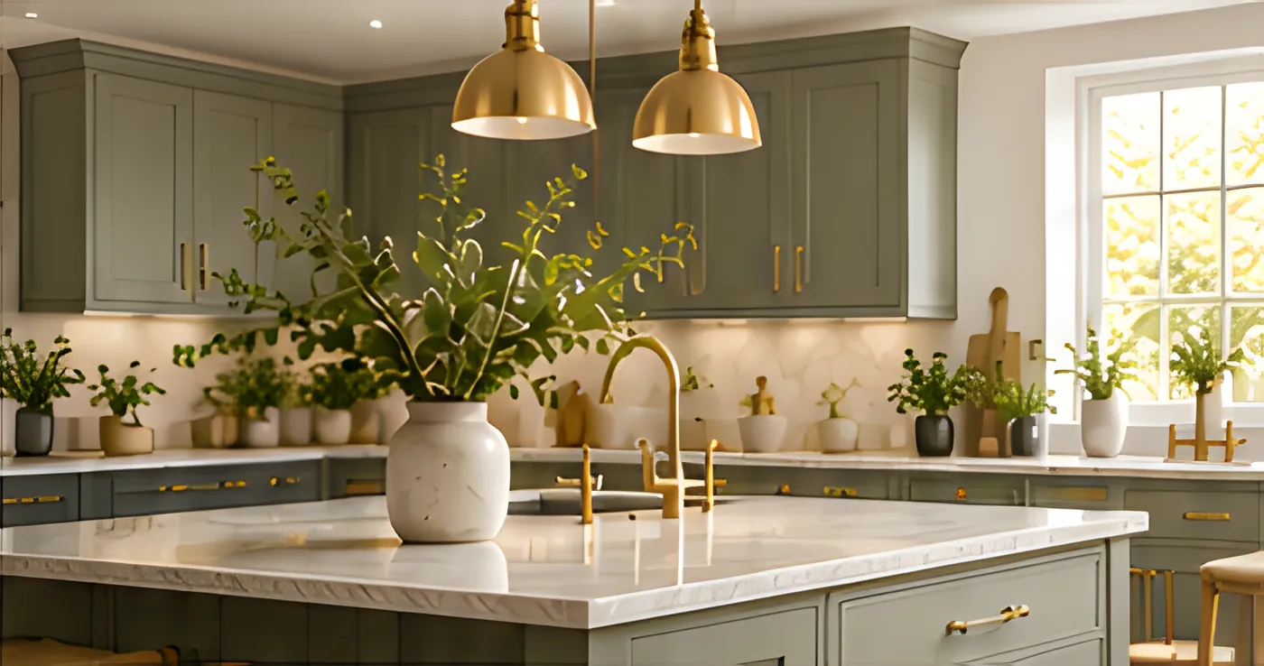 Sage kitchen with brass pendant lights and a marble island