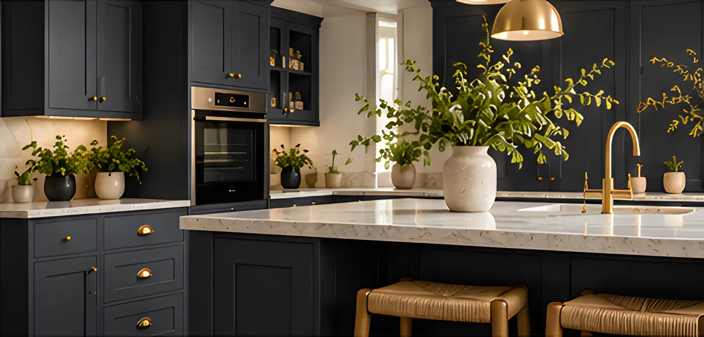 Charcoal and navy kitchen cabinetry with a marble island and a brass pendant light