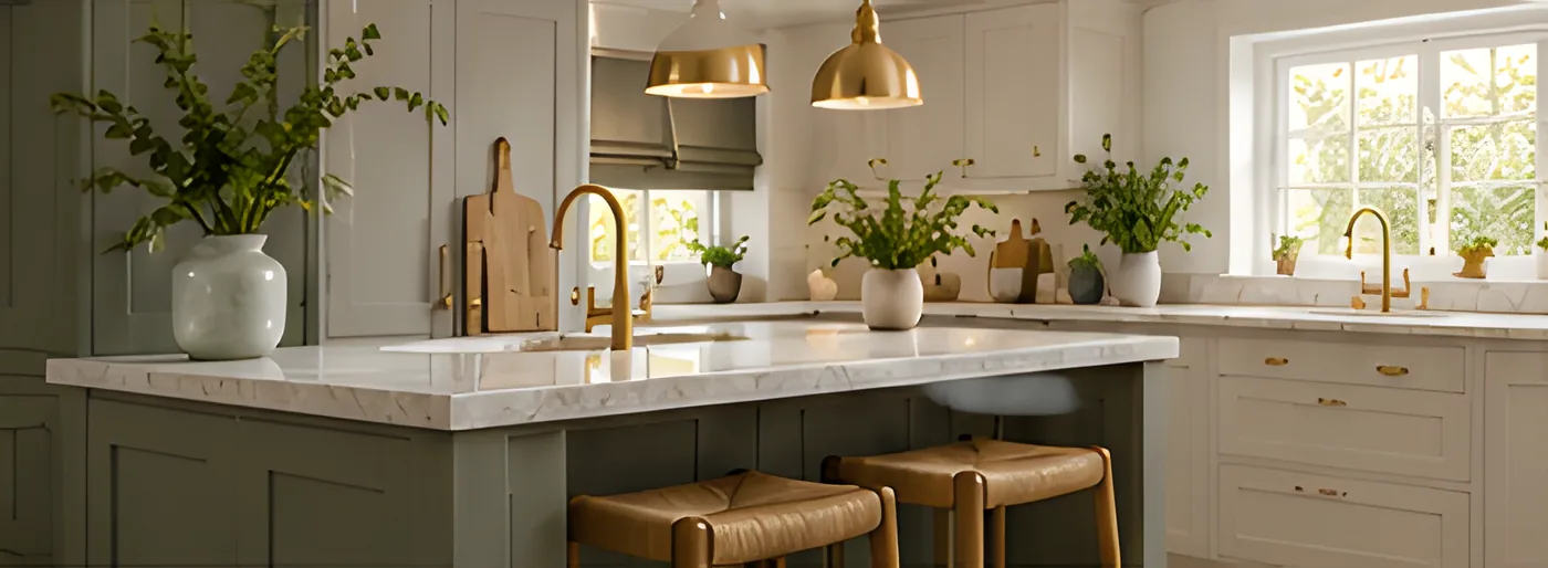 Kitchen with a sage island and pale stone wall cabinets under brass pendant lights