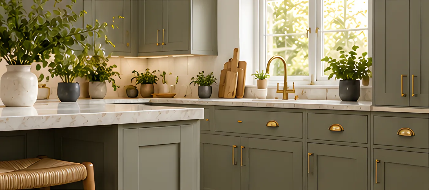 Sage and olive shaker cabinets with marble worktops, brass handles and a woven stool