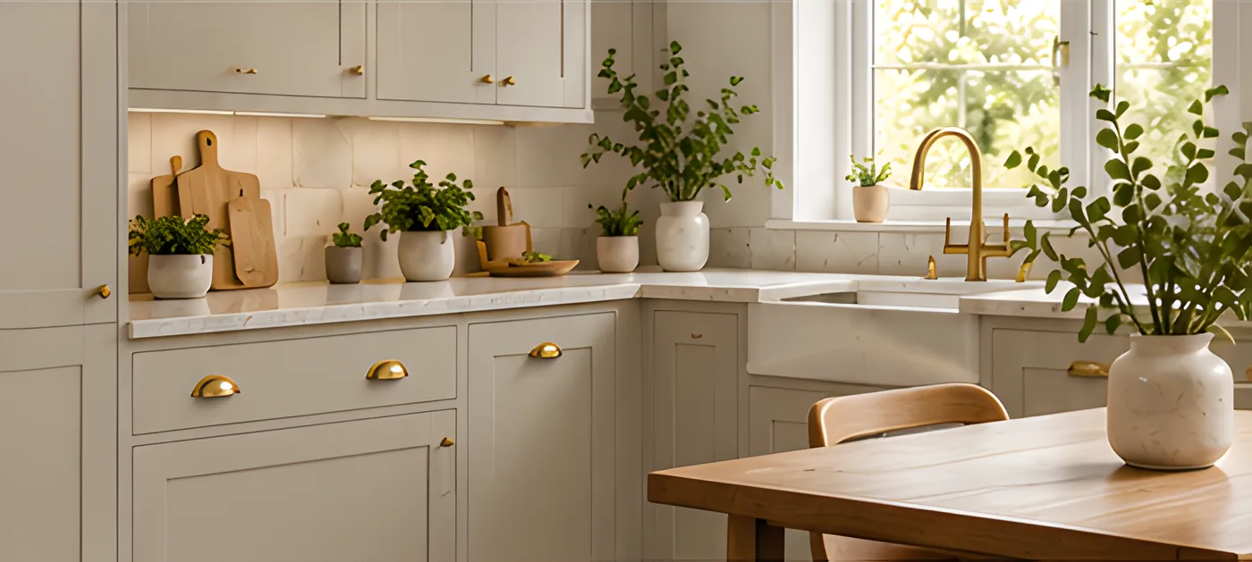 Pale stone shaker kitchen with brass cup handles, a window and a wooden dining table