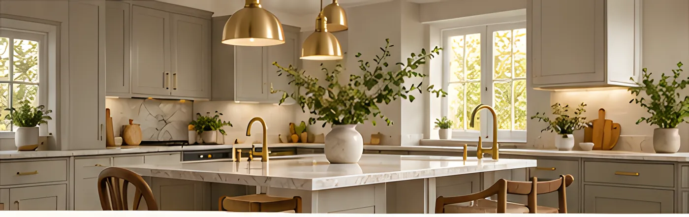 Warm stone coloured kitchen with a marble island, brass pendants and taps