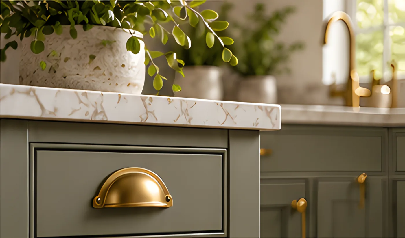Olive drawer front with a polished brass cup handle beneath a stone worktop