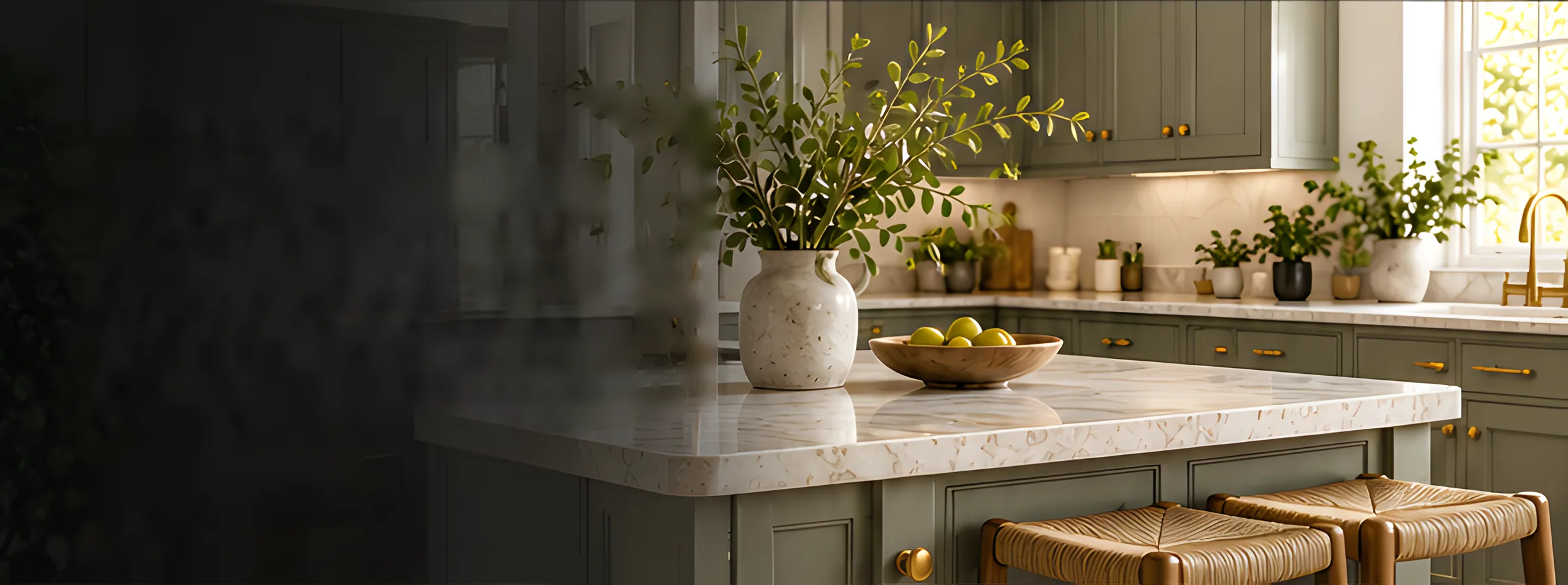 Marble kitchen island with a ceramic vase of foliage, a bowl of fruit and woven stools