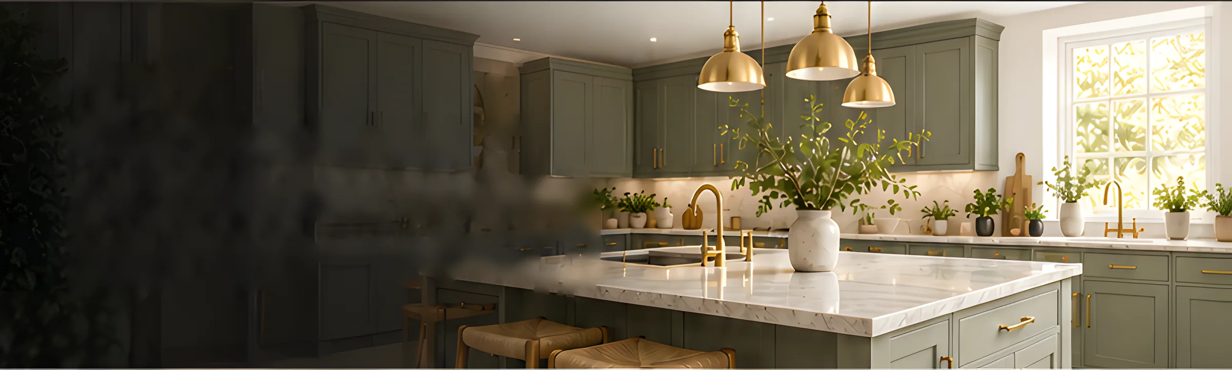 Olive kitchen with a marble island, brass pendant lights and a bright window