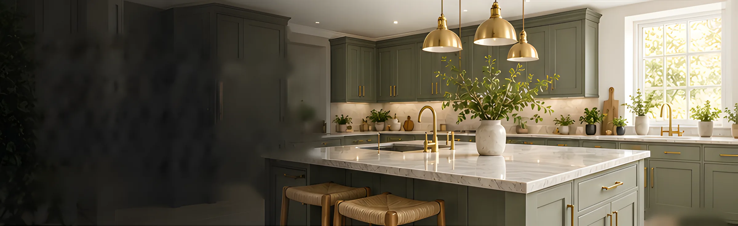 Olive green shaker kitchen with a marble island, brass pendant lights and woven stools