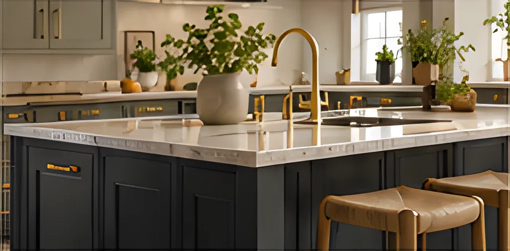 Dark charcoal kitchen island with a marble top and woven stools